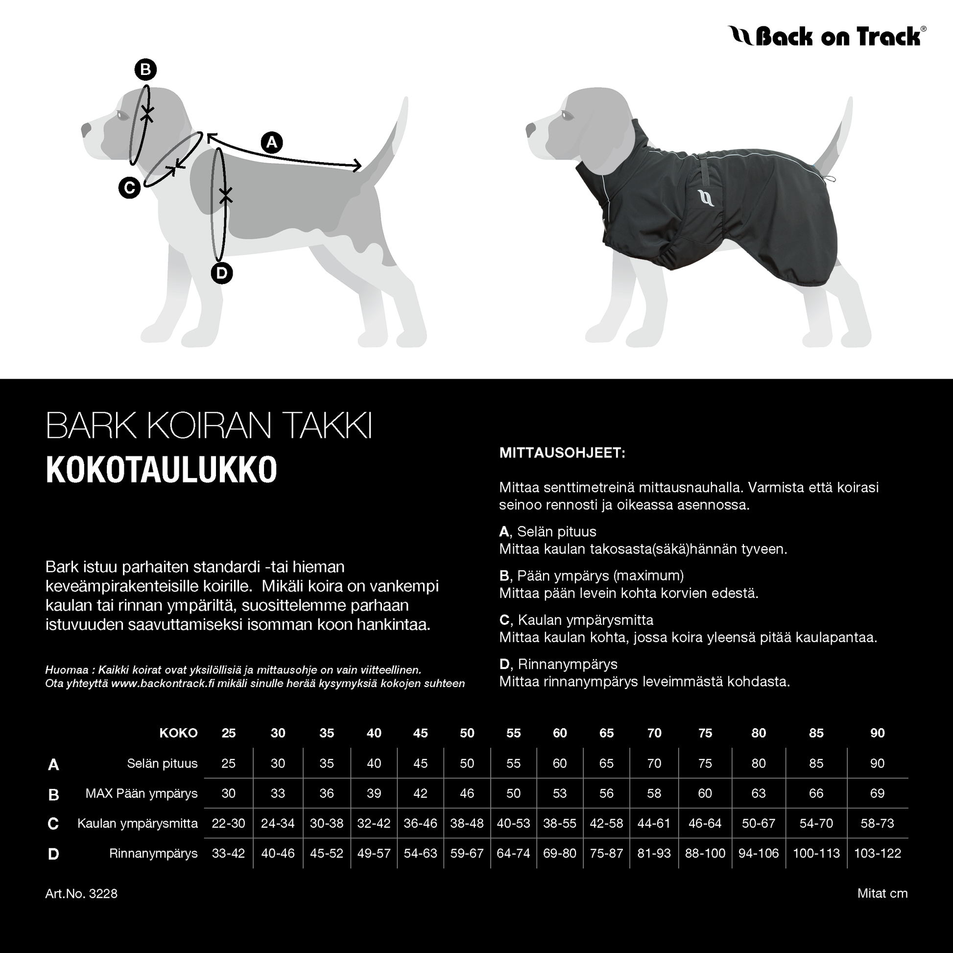 Mittataulukko Back on Track Bark koiran takin koon valintaan